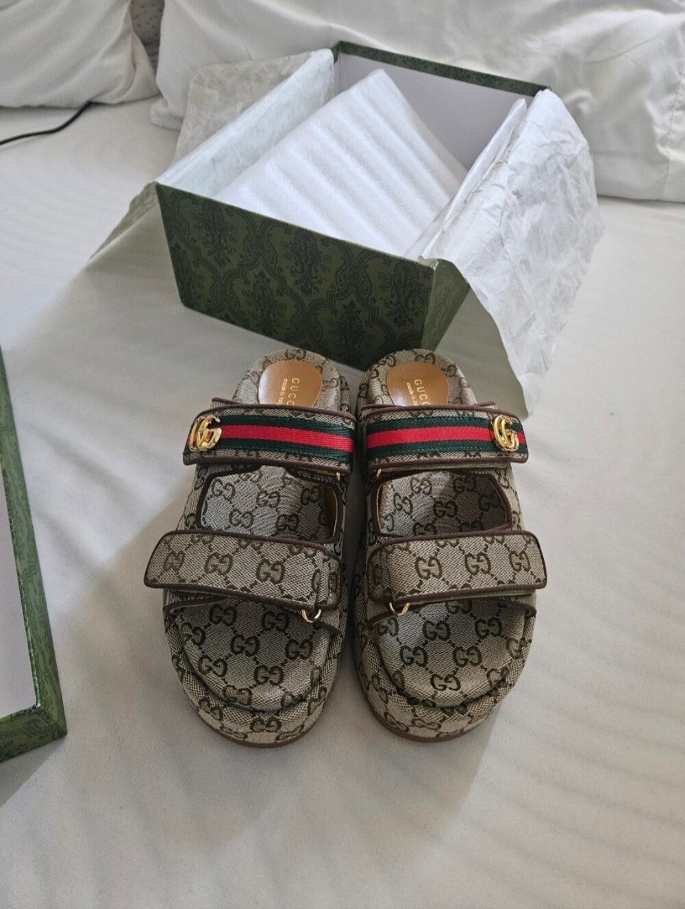 Gucci Beige Monogram Platform Slides with Green-Red Web and Gold GG - Picture 2 of 4